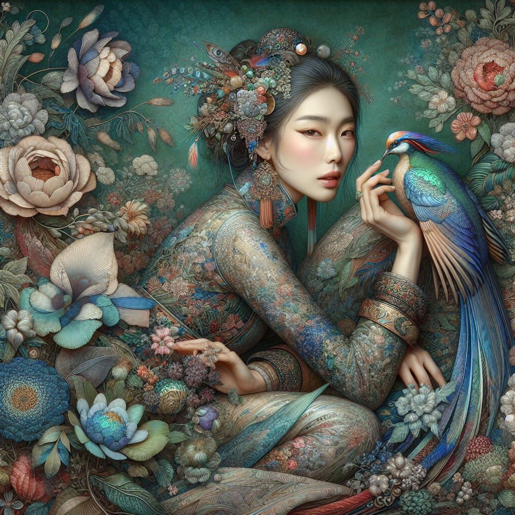 Ethereal Woman with Bird in Floral Fantasy Art