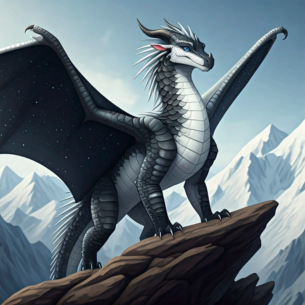 Elegant Black and White Dragon Soars in Fantasy Landscape