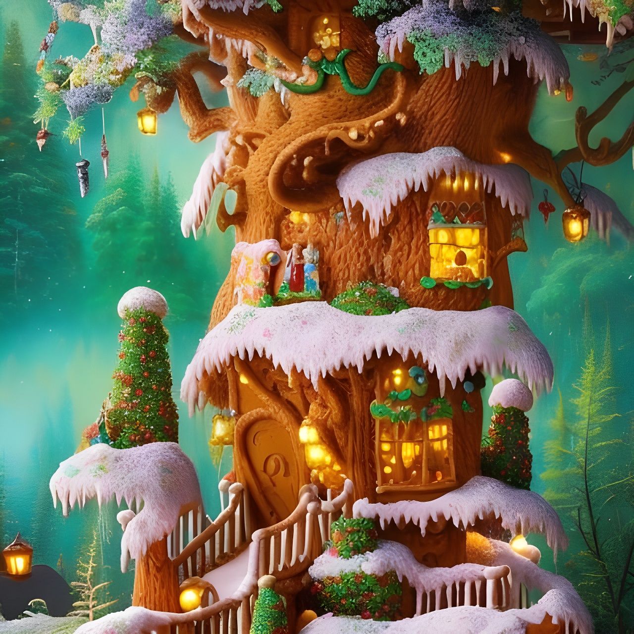 Detailed Gingerbread Treehouse in Ethereal Fantasy Style