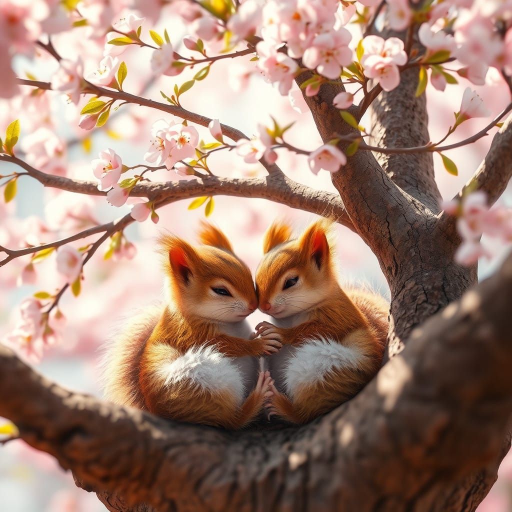 Dreamy Squirrel Friends in Whimsical Blossom Tree