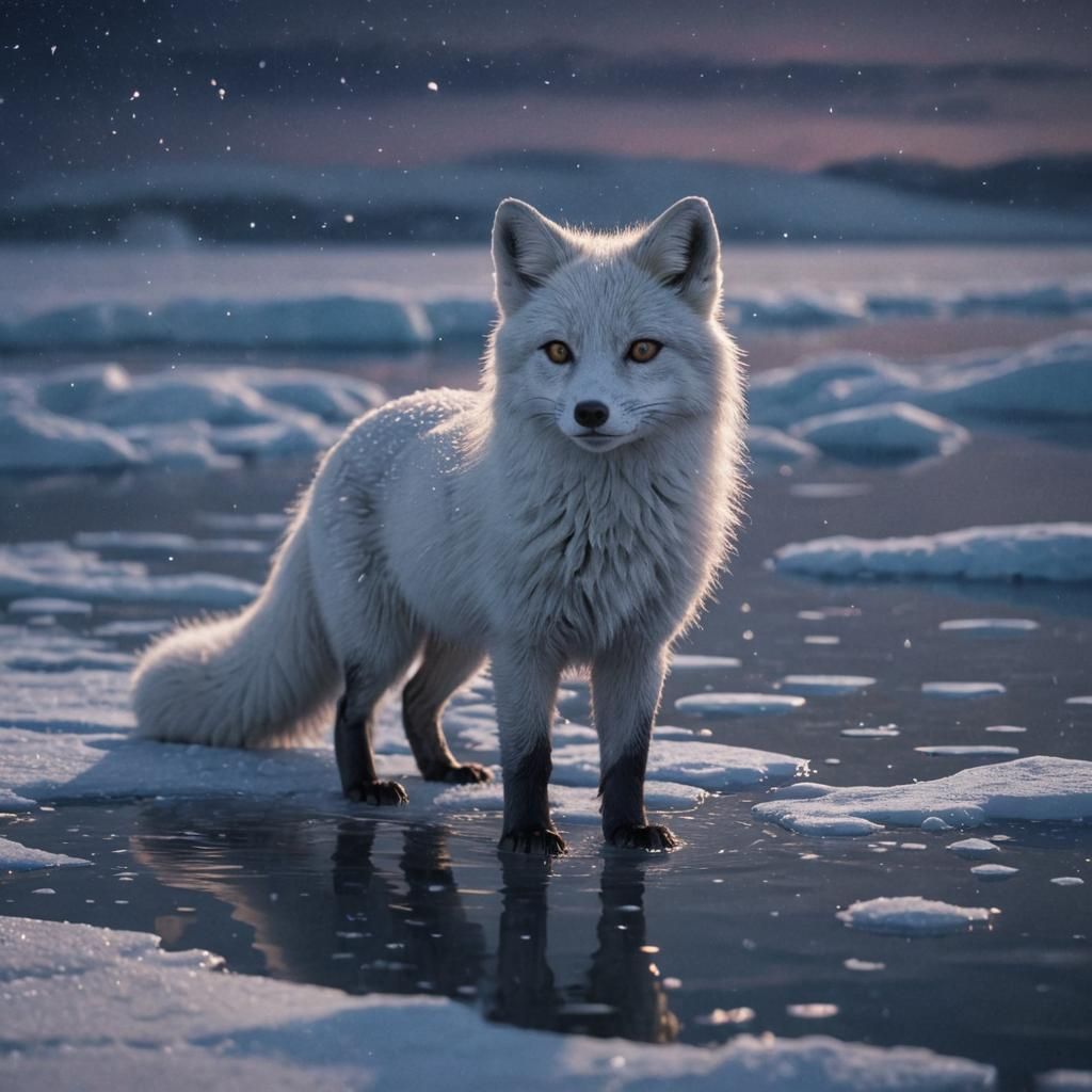 Arctic Fox on Frozen Lake at Twilight: 3D Anime Art