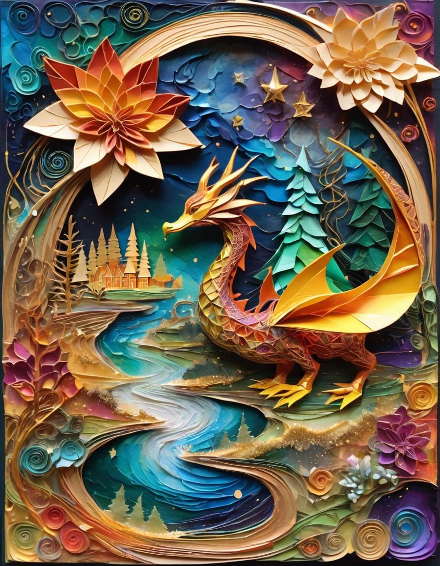 Surreal Christmas Landscape with Dragon and Duckling
