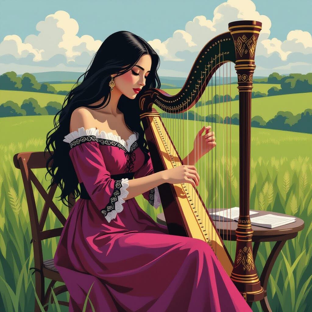 Cubist Painting of Lady Playing Harp in Field