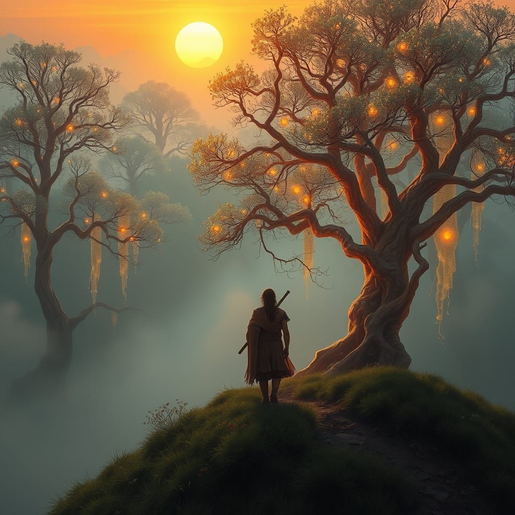 Mystical Tree Herder Amidst Iridescent Forest