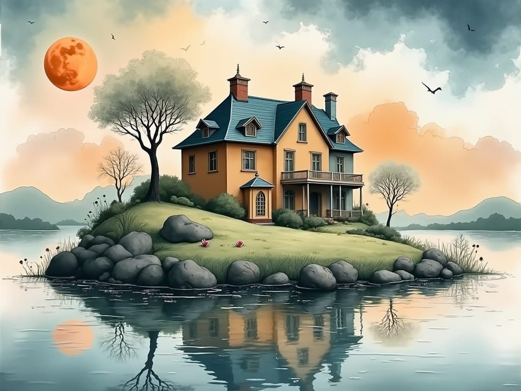 surreal house on the water