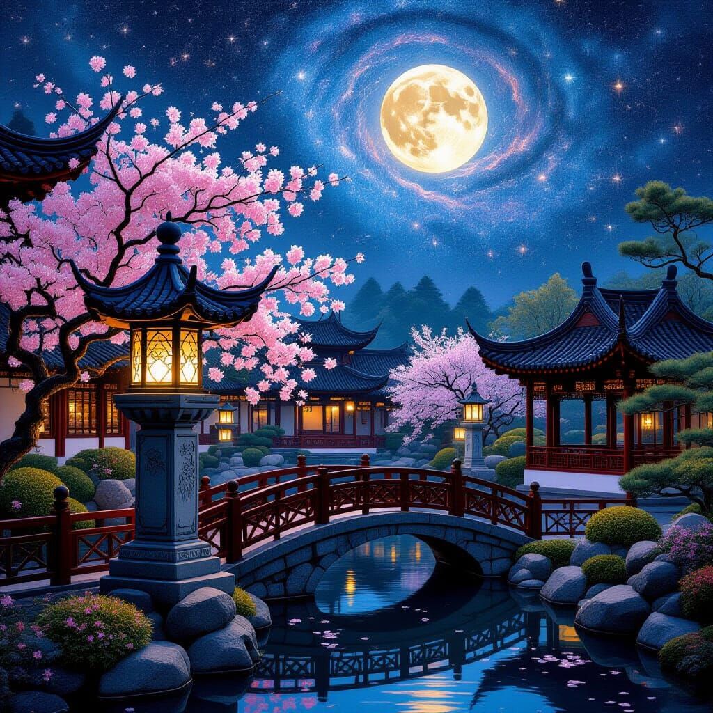 Serene Chinese Garden Under Cosmic Sky