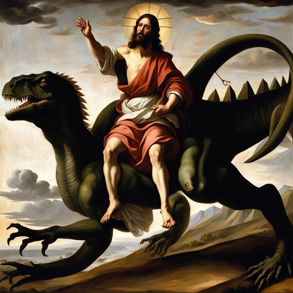 Jesus Riding a Dinosaur in Baroque Style