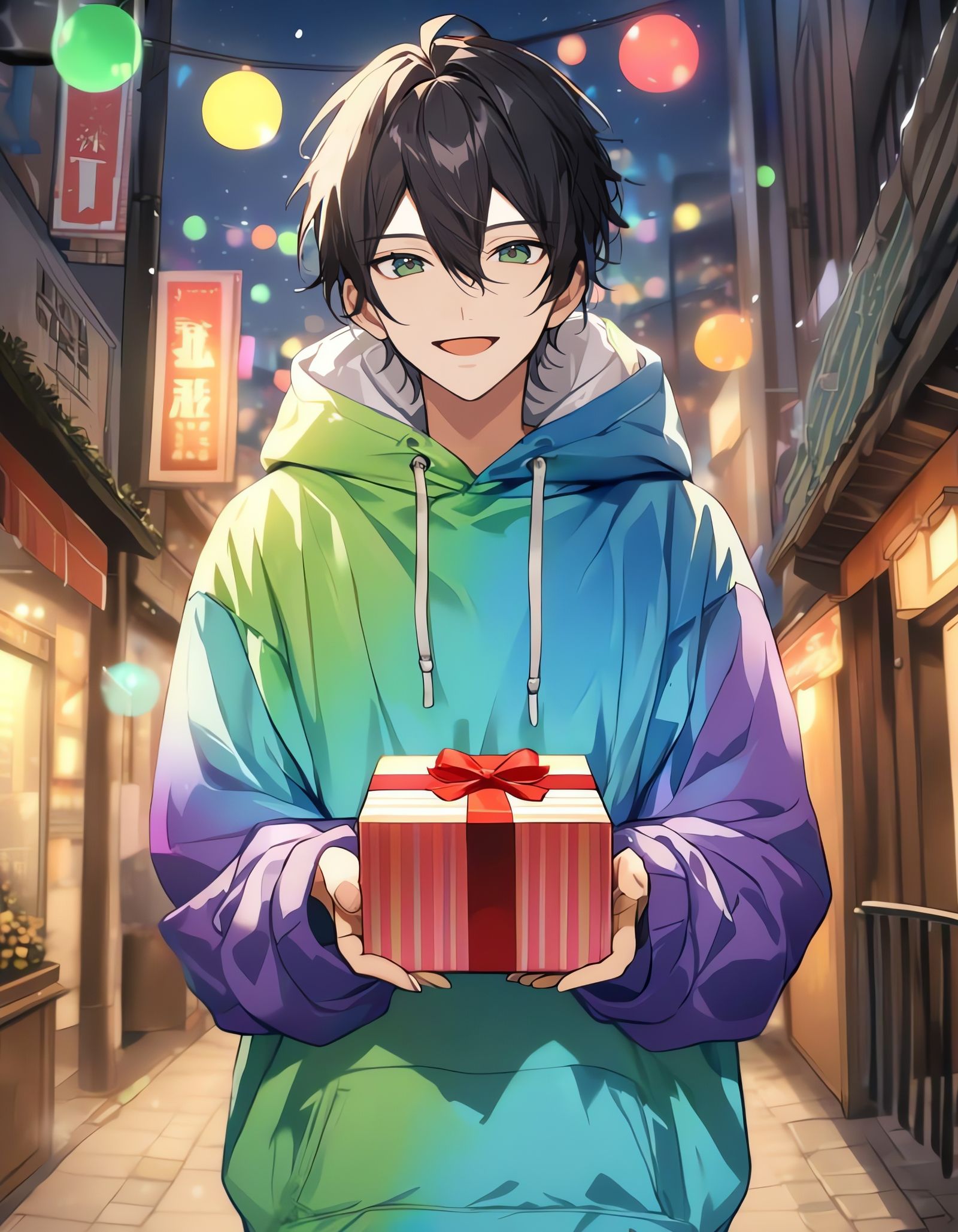 Surreal Cowboy Boy Smiles with Gift in a Snowy City Night