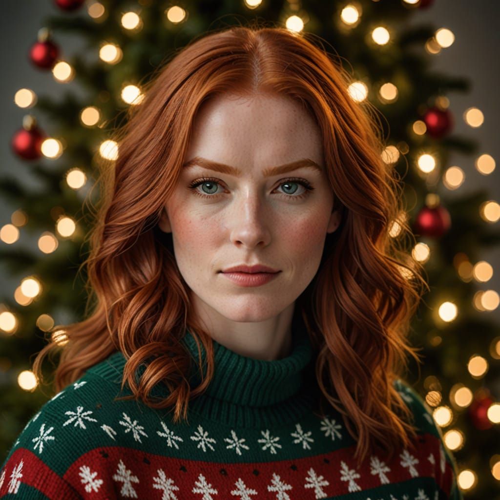 Warm Christmas Portrait of a Young Irish Redhead Woman