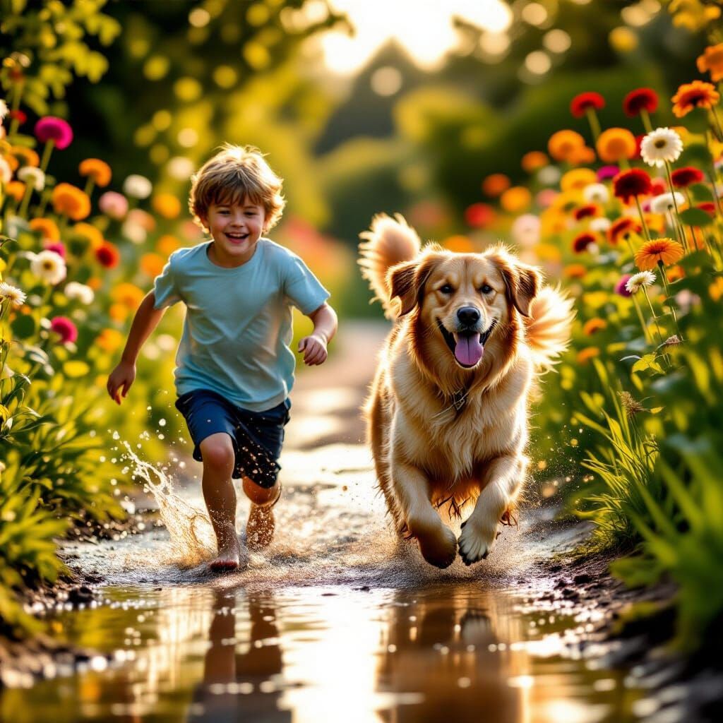 Joyful Boy and Golden Retriever Splash in Garden