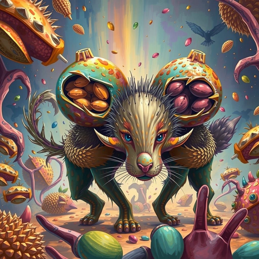 Feline Durian Hybrid in Whimsical Surrealism