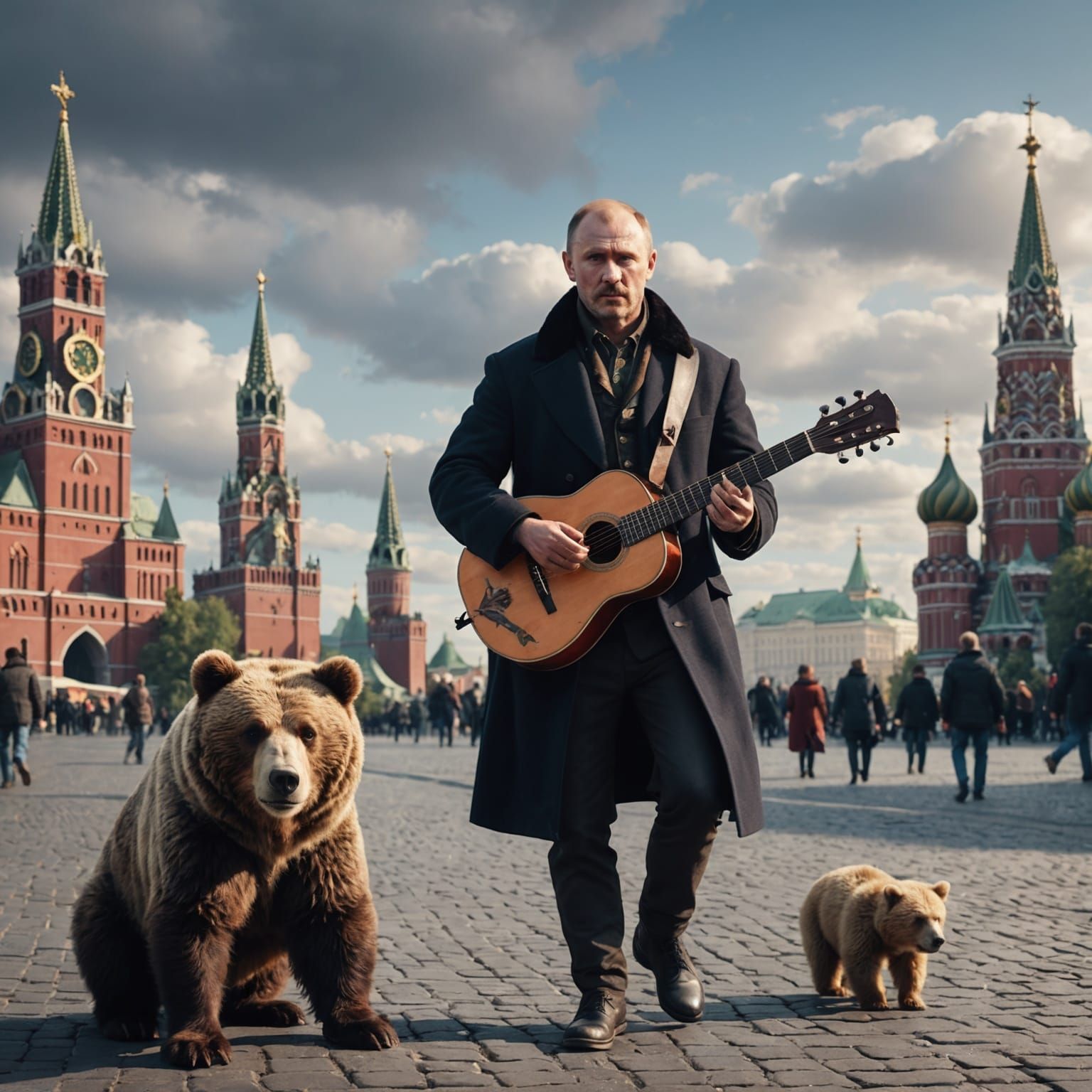 Sad Drunk Russian Man with Bear in Moscow