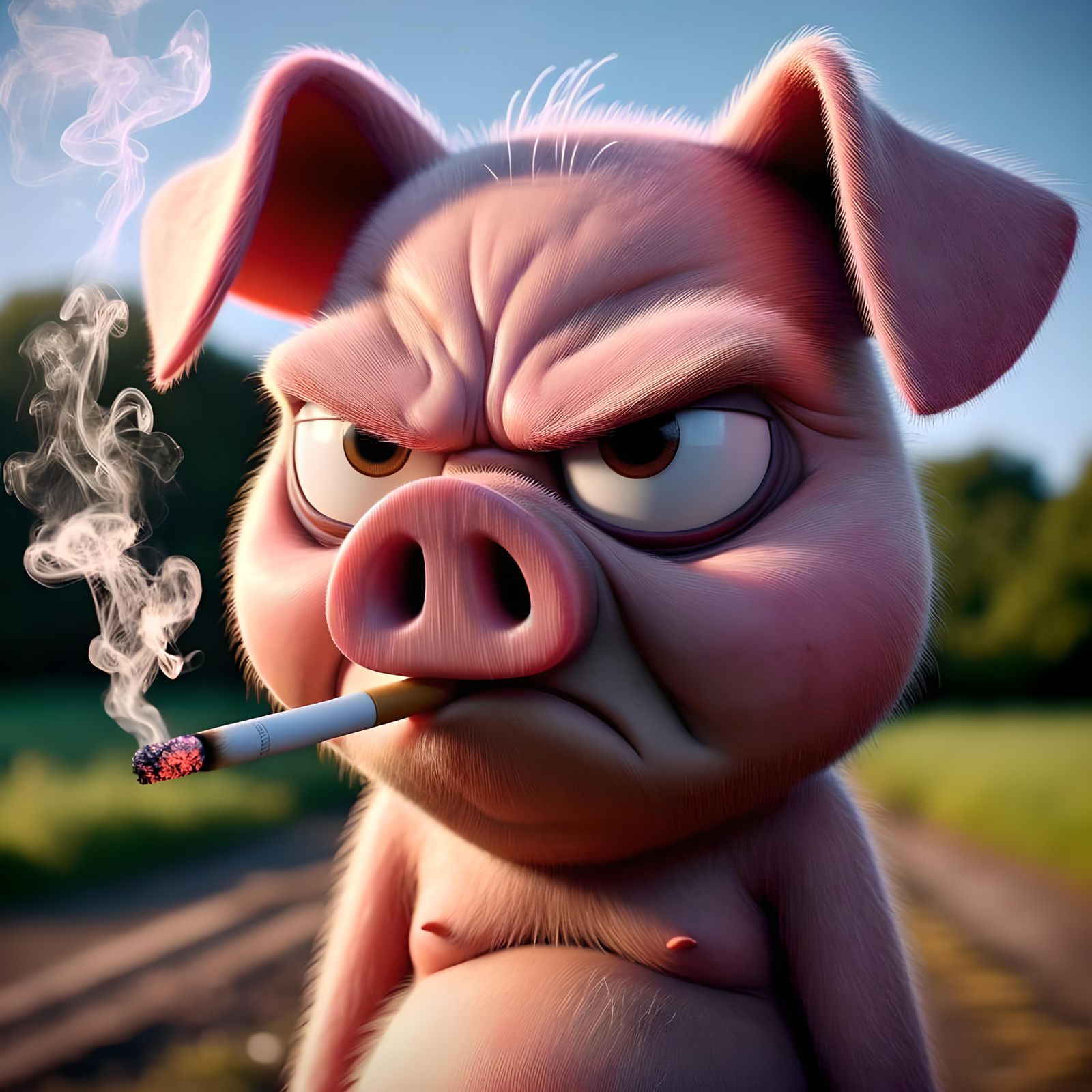 Grumpy Cartoon Pig Smoking a Cigarette in CGI Style