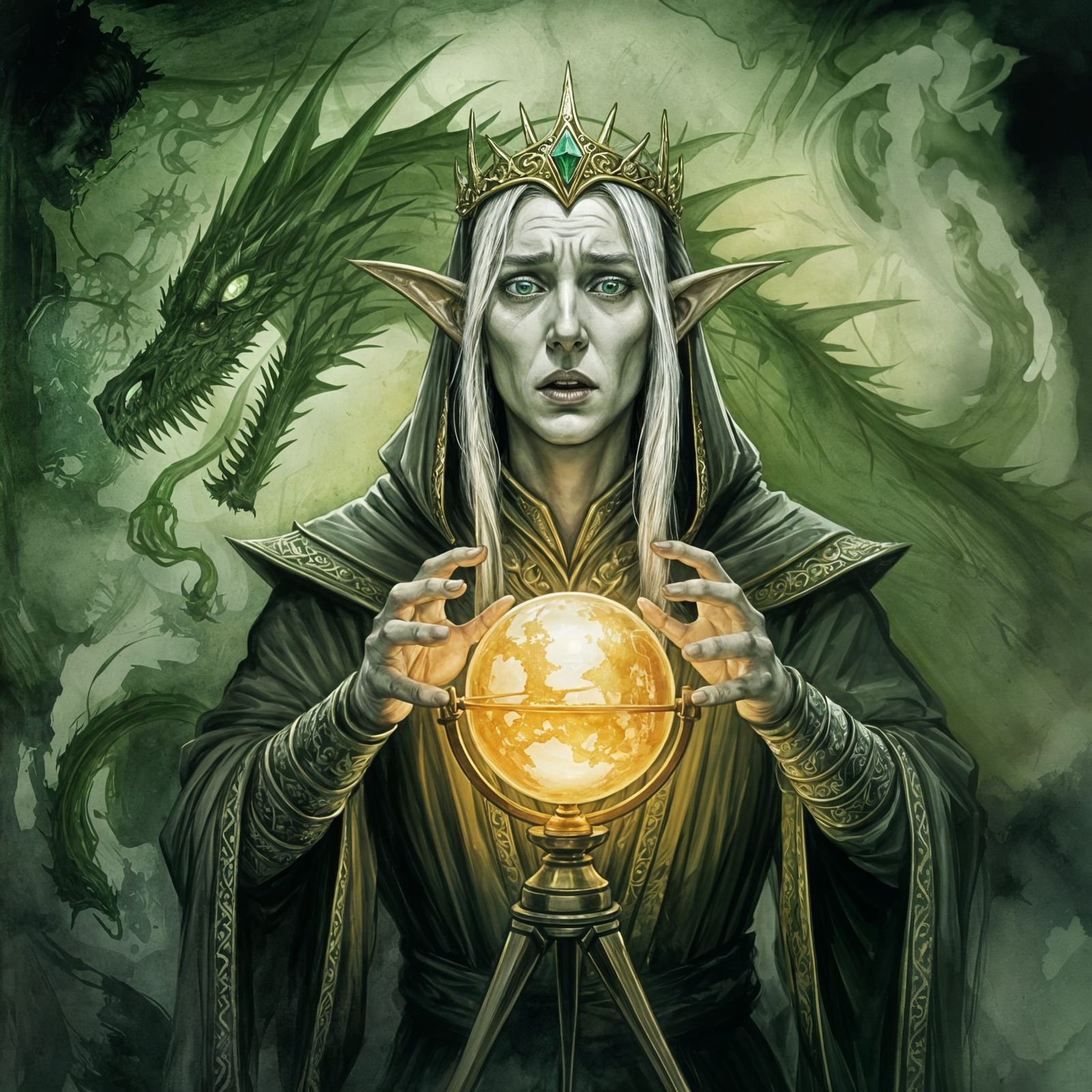 Frightened Elf Necromancer with Dragon, Ink Drawing