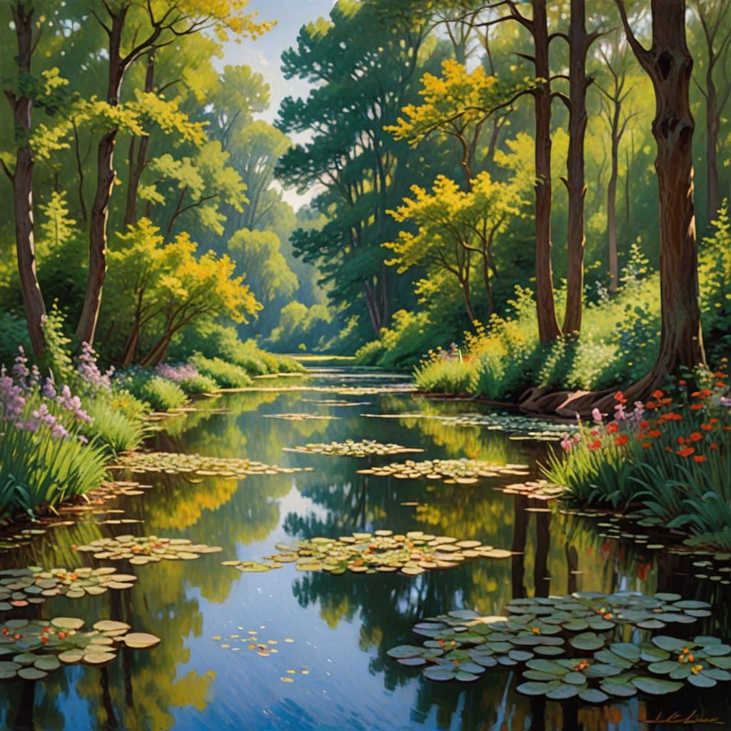 Serene Forest Glade in Claude Monet's Dreamy Landscape Style