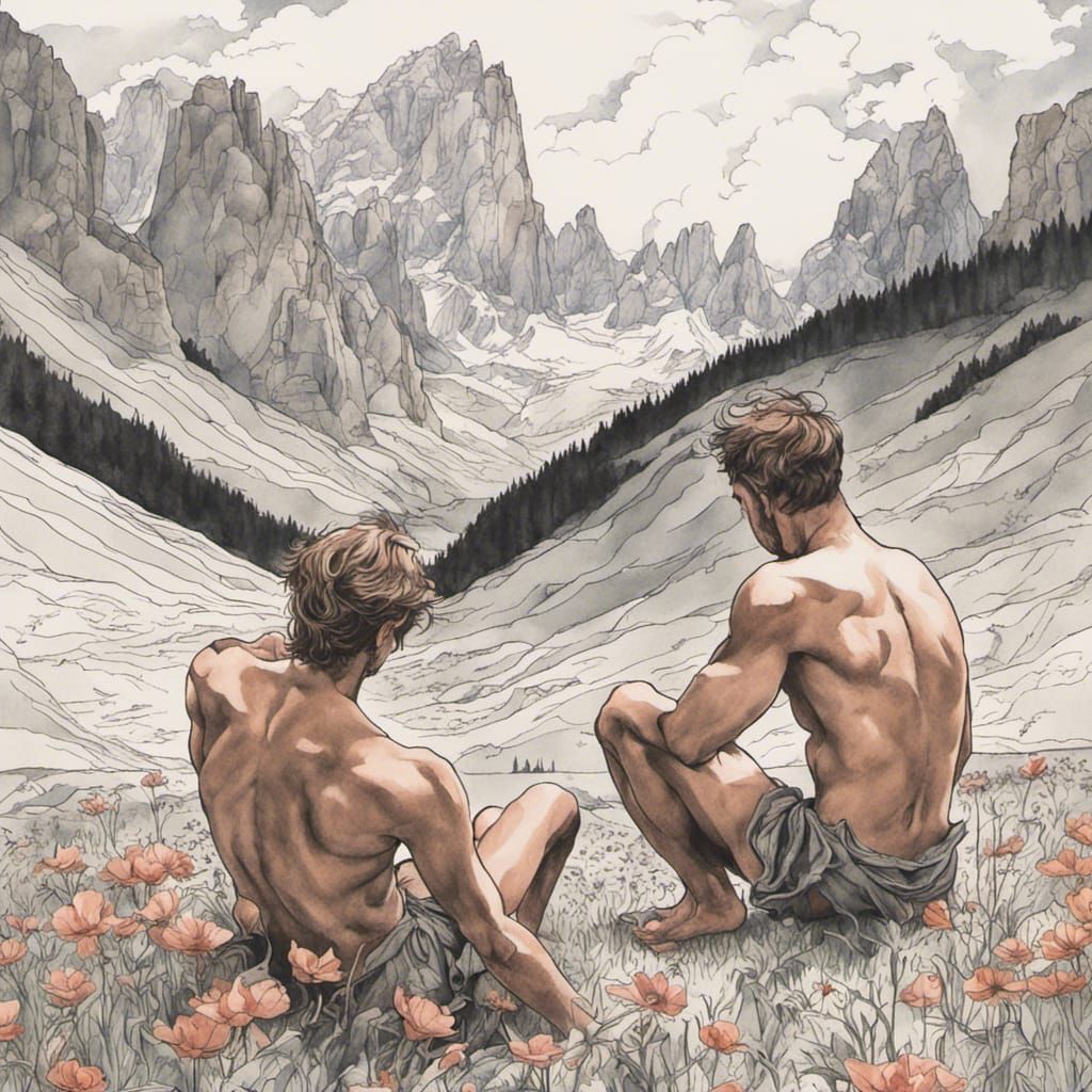 Intimate Embrace: Nude Figures in Dolomite Landscape