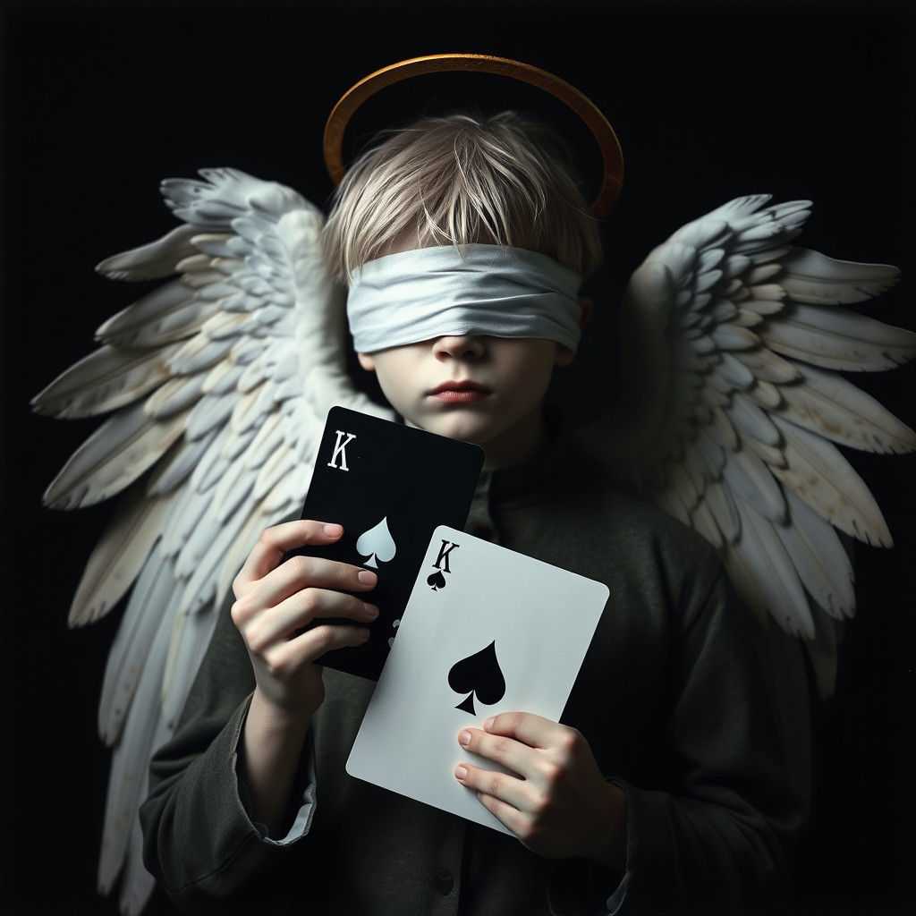 Minimalist Angel Portrait with Chess Card in Darkness