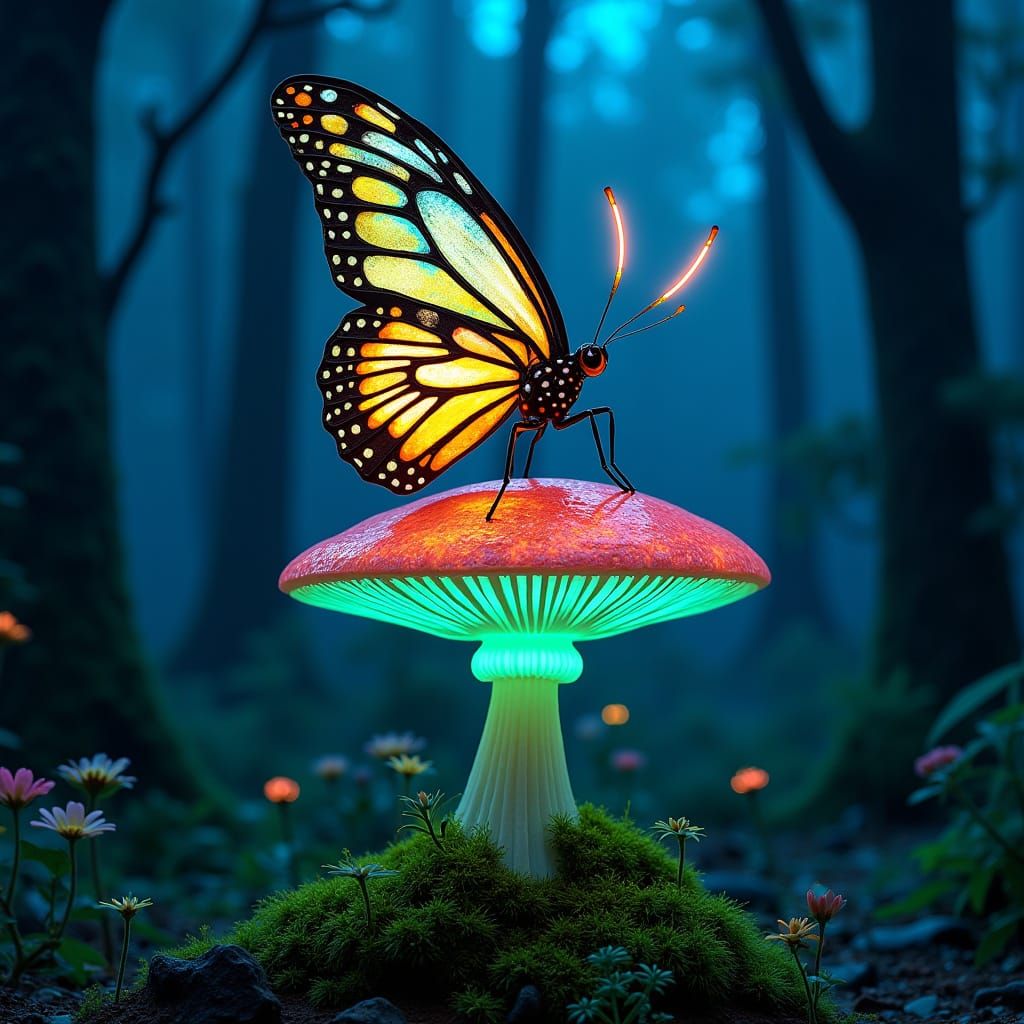 Giant Butterfly on Glowing Mushroom in Bioluminescent Forest