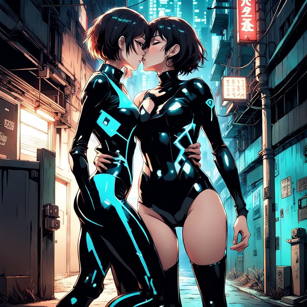 Cyberpunk Embrace: Anime-Style Women in Futuristic City