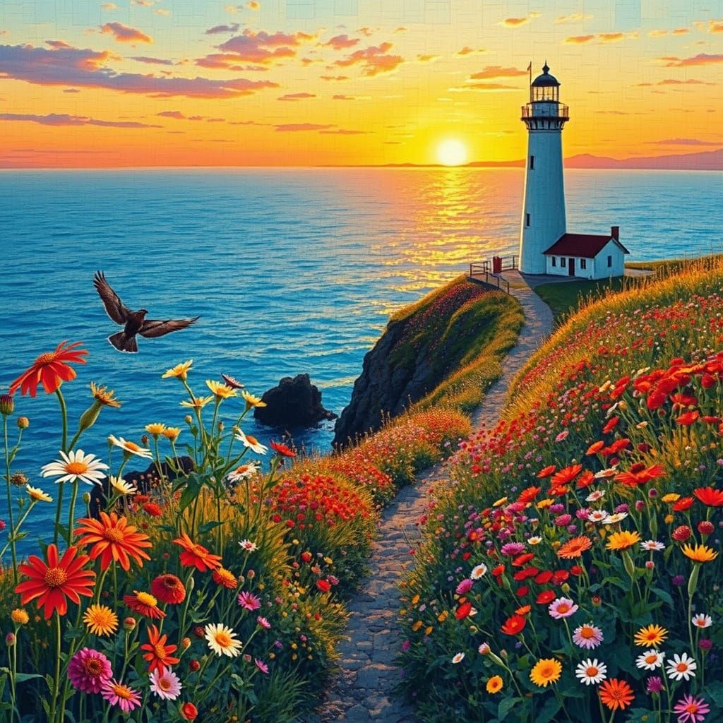 Vibrant Wildflowers on Cliff Path at Sunset, Mosaic Style