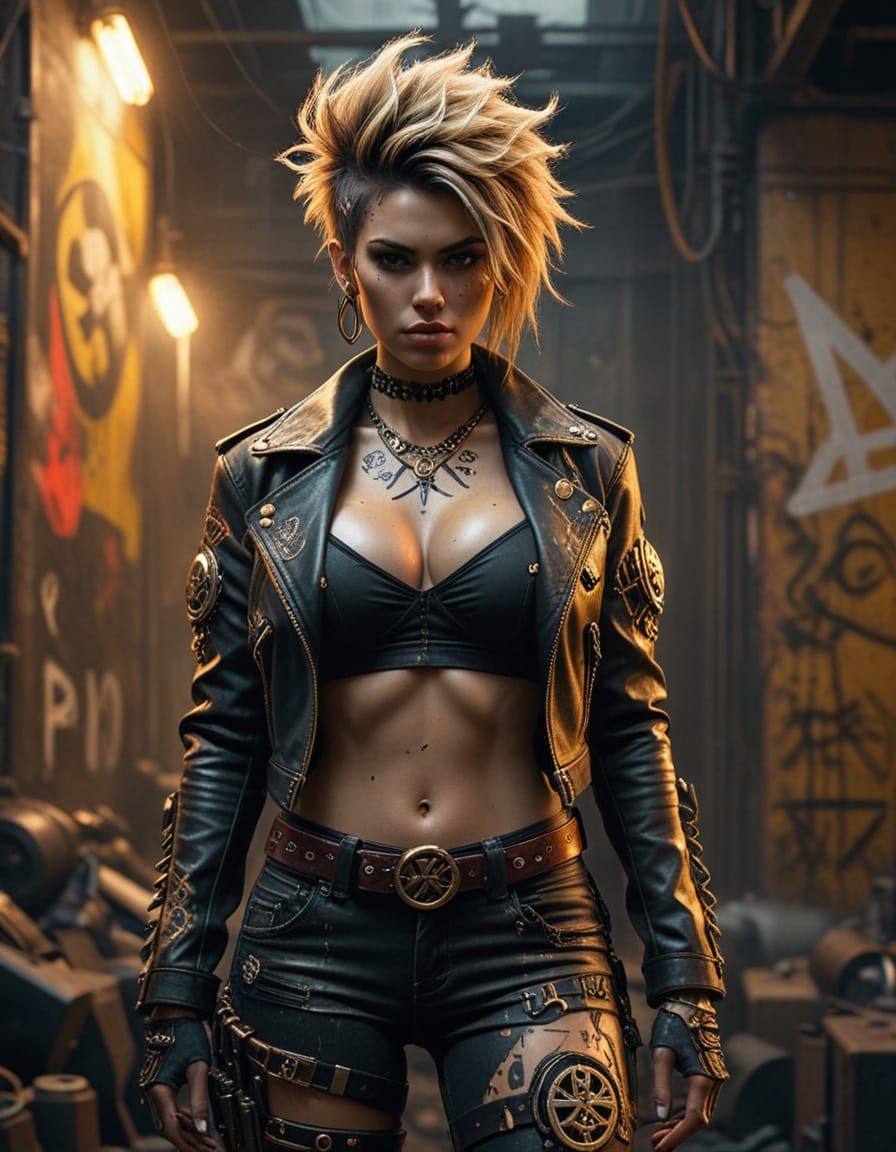 Cyberpunk Bimbo Raider Woman in Dark, Muted Colors