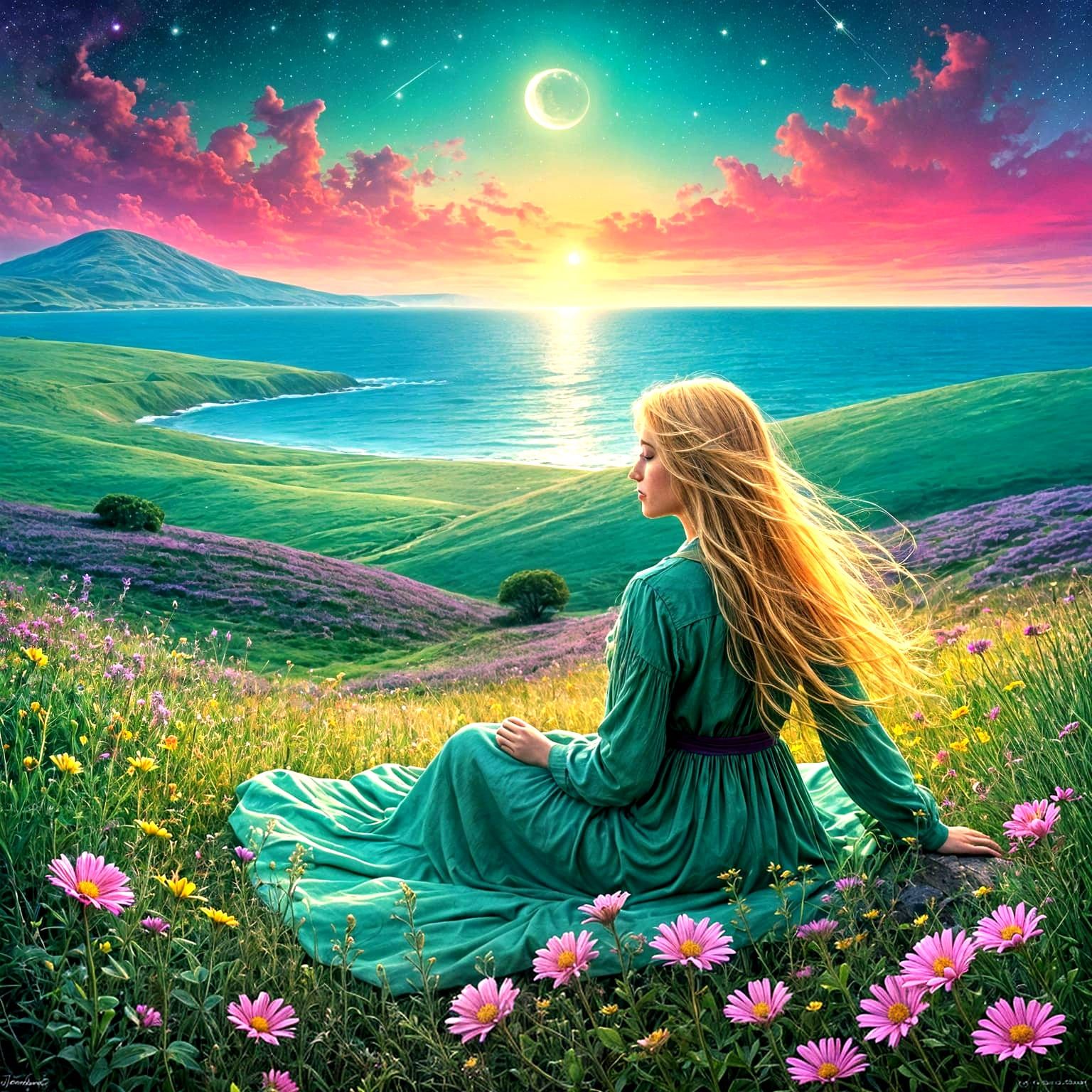 Serene Coastal Goddess with Cosmic Sky