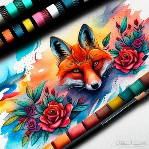 Detailed Watercolor Fox Tattoo Art in Abstract Style
