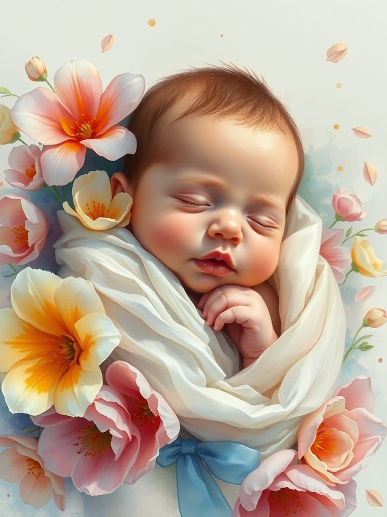 Newborn Baby in Silk Flowers, Impressionistic Style