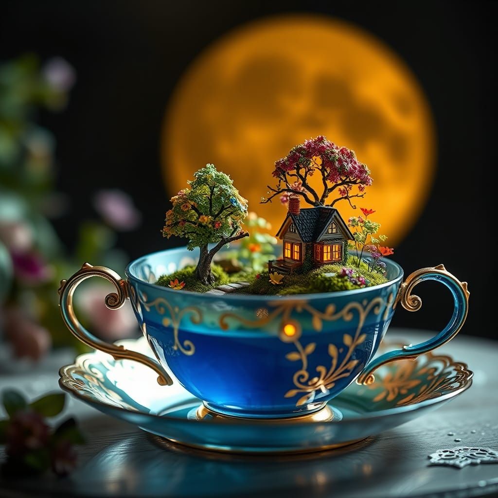 Enchanted Forest Diorama in Sapphire Teacup