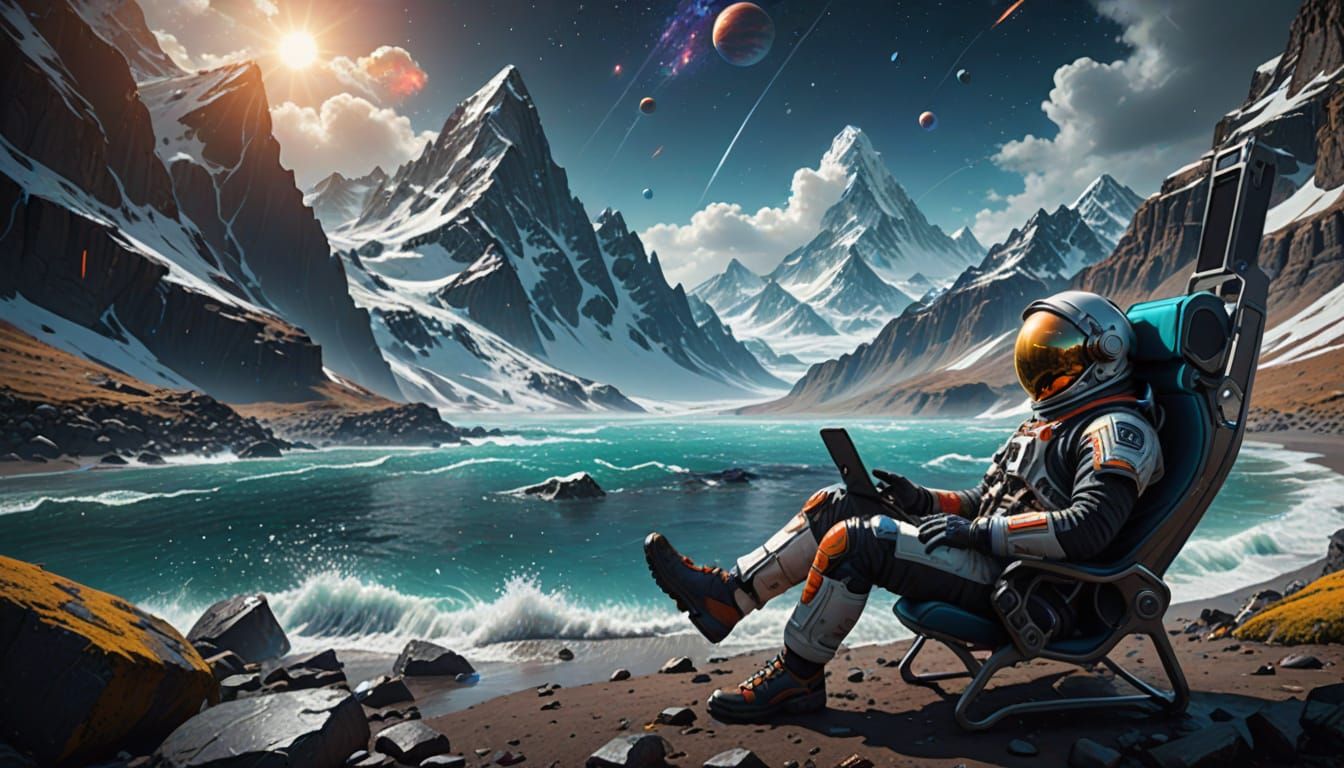 Astronaut Relaxing on Exoplanet Coast, Surrounded by Stormy ...