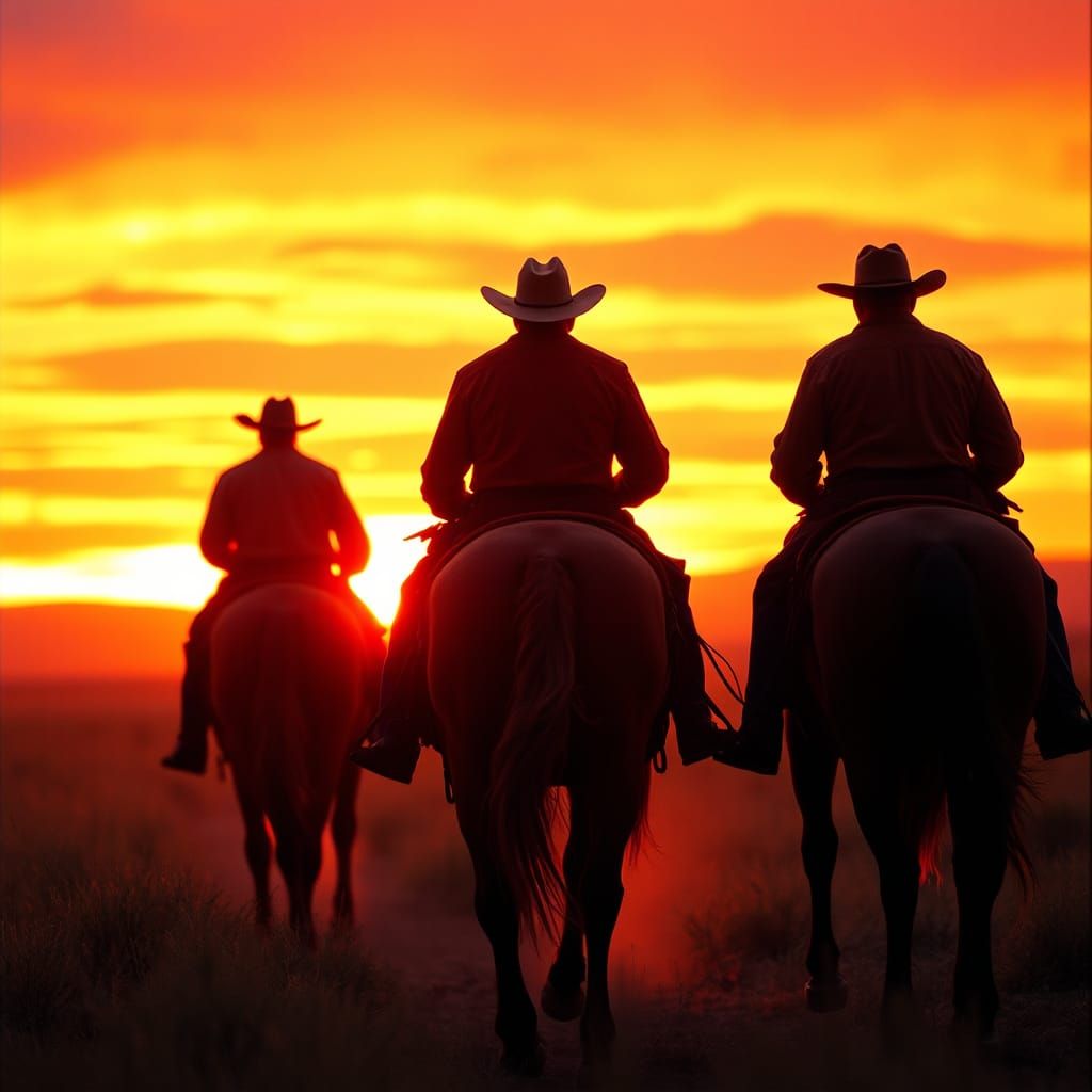 Cowboys Ride into Sunset: Cinematic Film Still