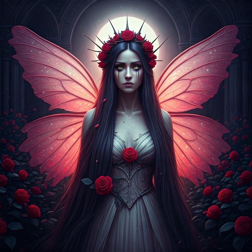 Heartbroken Fey Queen in Moonlit Rose Garden