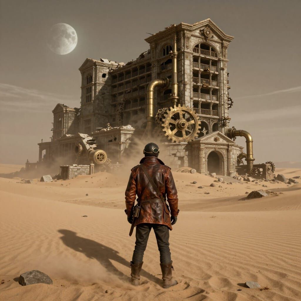 Steampunk Explorer at Abandoned Sand-Buried Library
