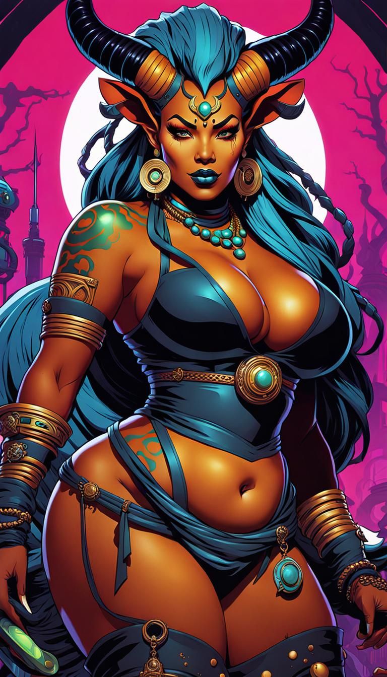 Tiefling Witch Doctor in Dystopian Pop Art Style