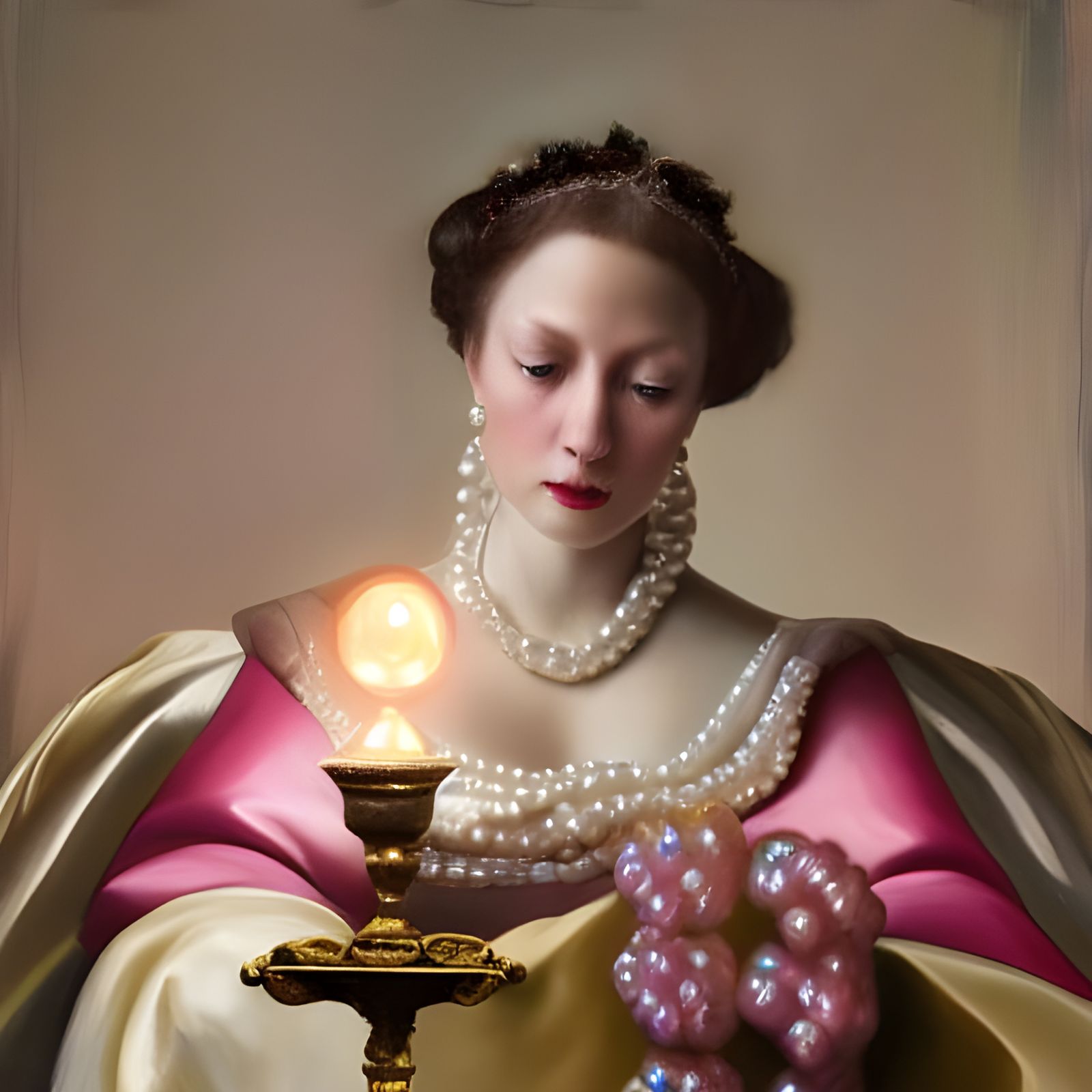 Opalescent Pearls in Hand: Vermeer-Inspired Painting