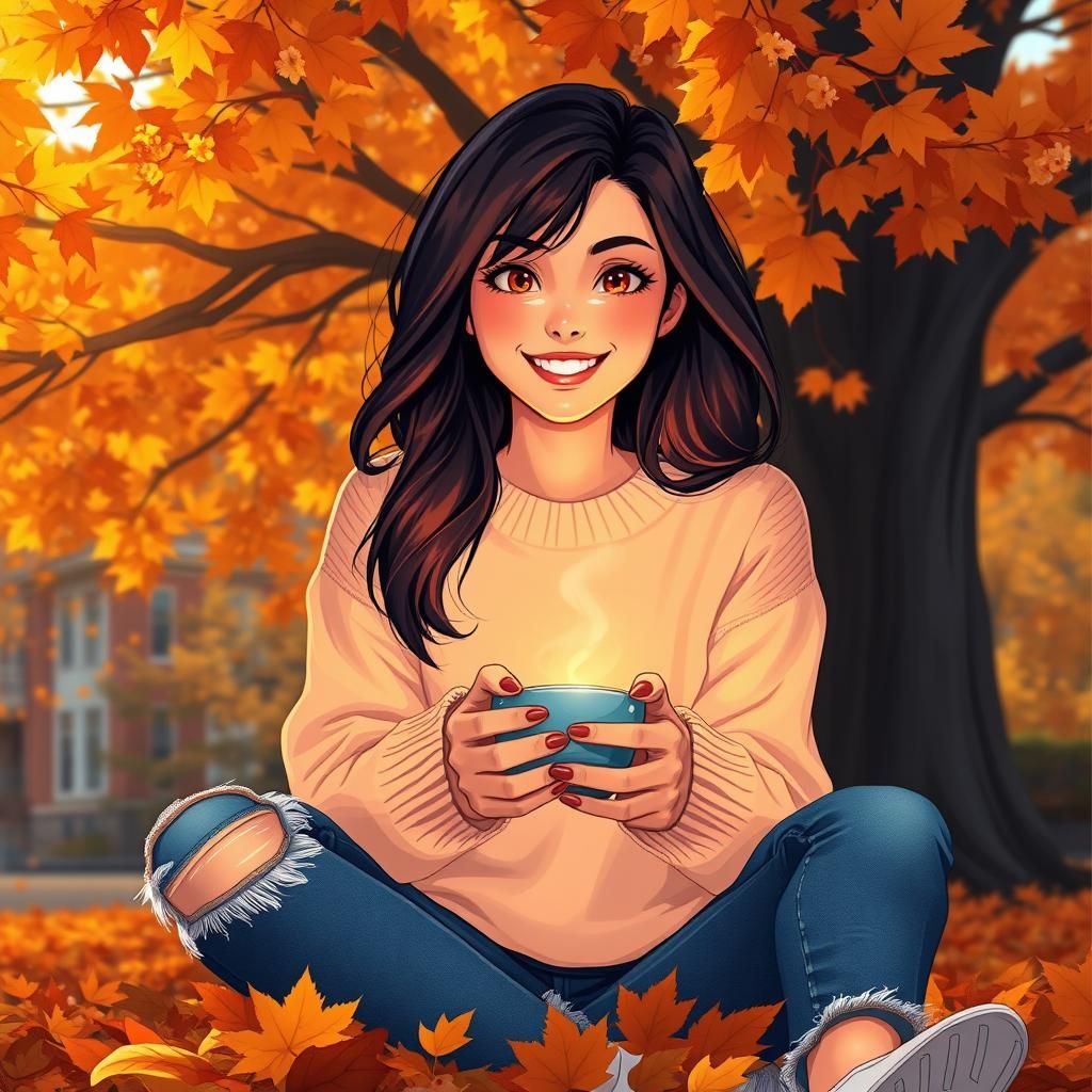 Woman with Coffee Under Autumn Tree in Manga Style