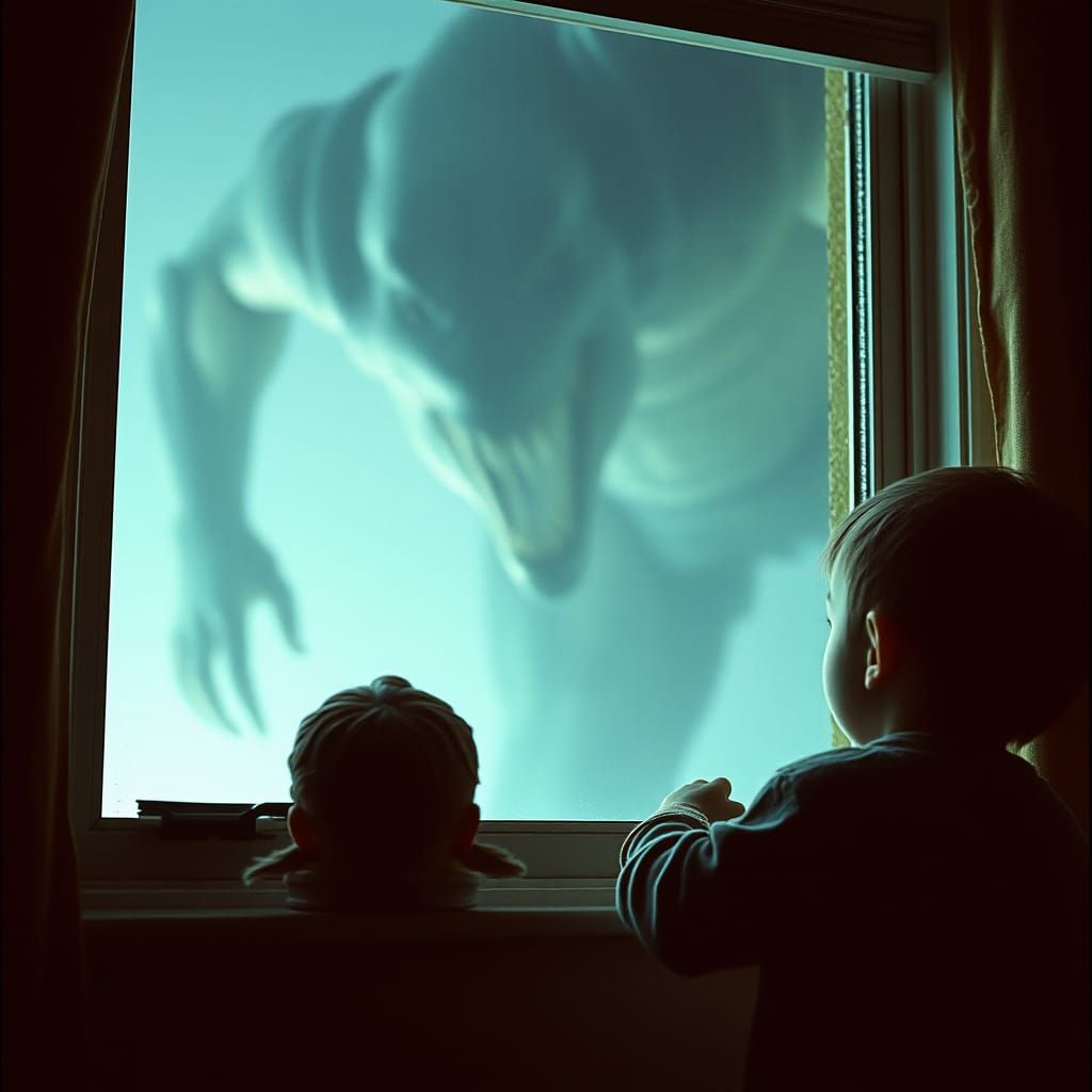 Dramatic Film Still: Boy Confronts Nightmare Monster