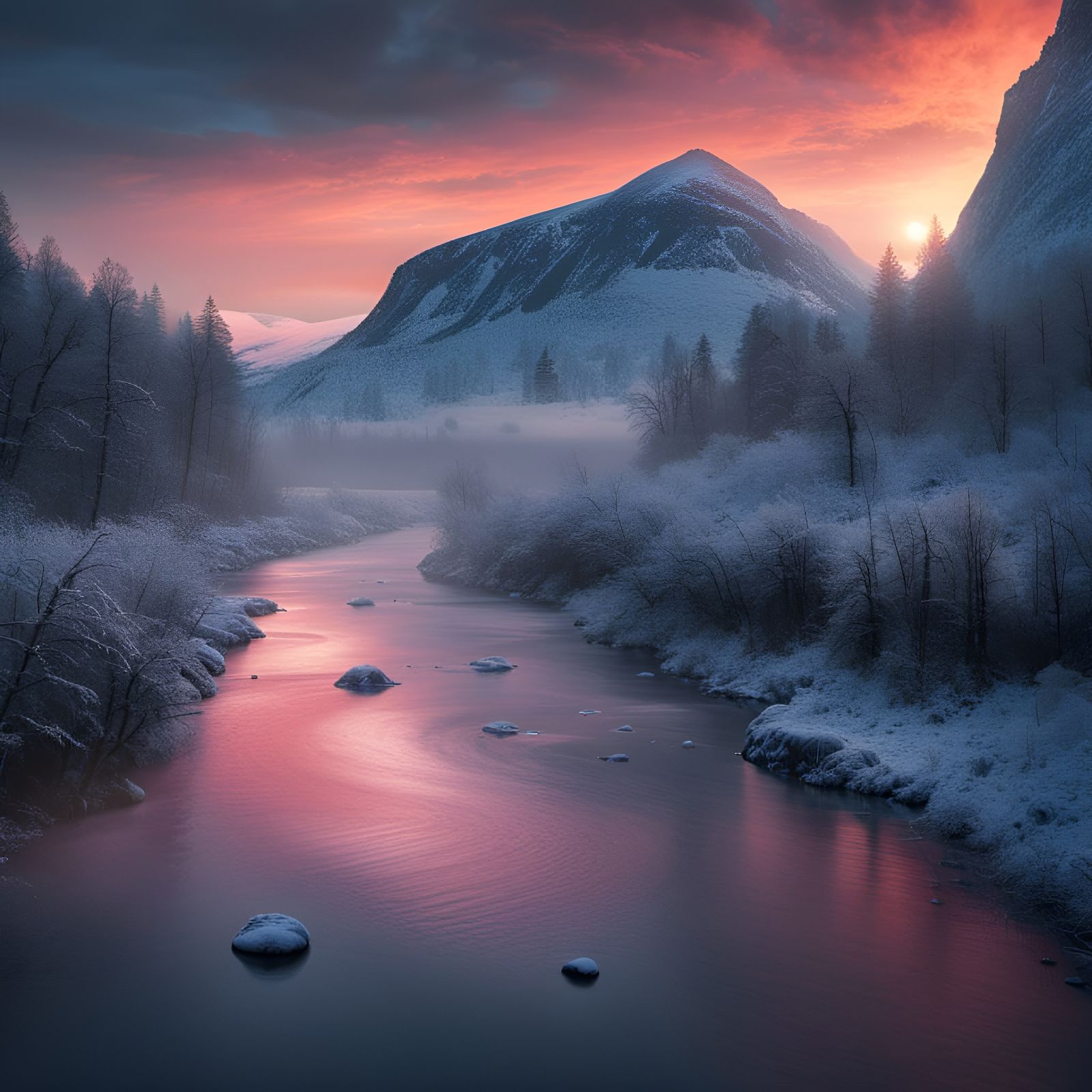 Jotunn in Norway River Valley at Sunset