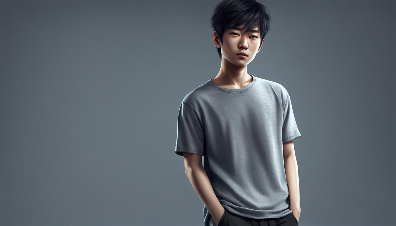 Asian boy wearing a grey t-shirt