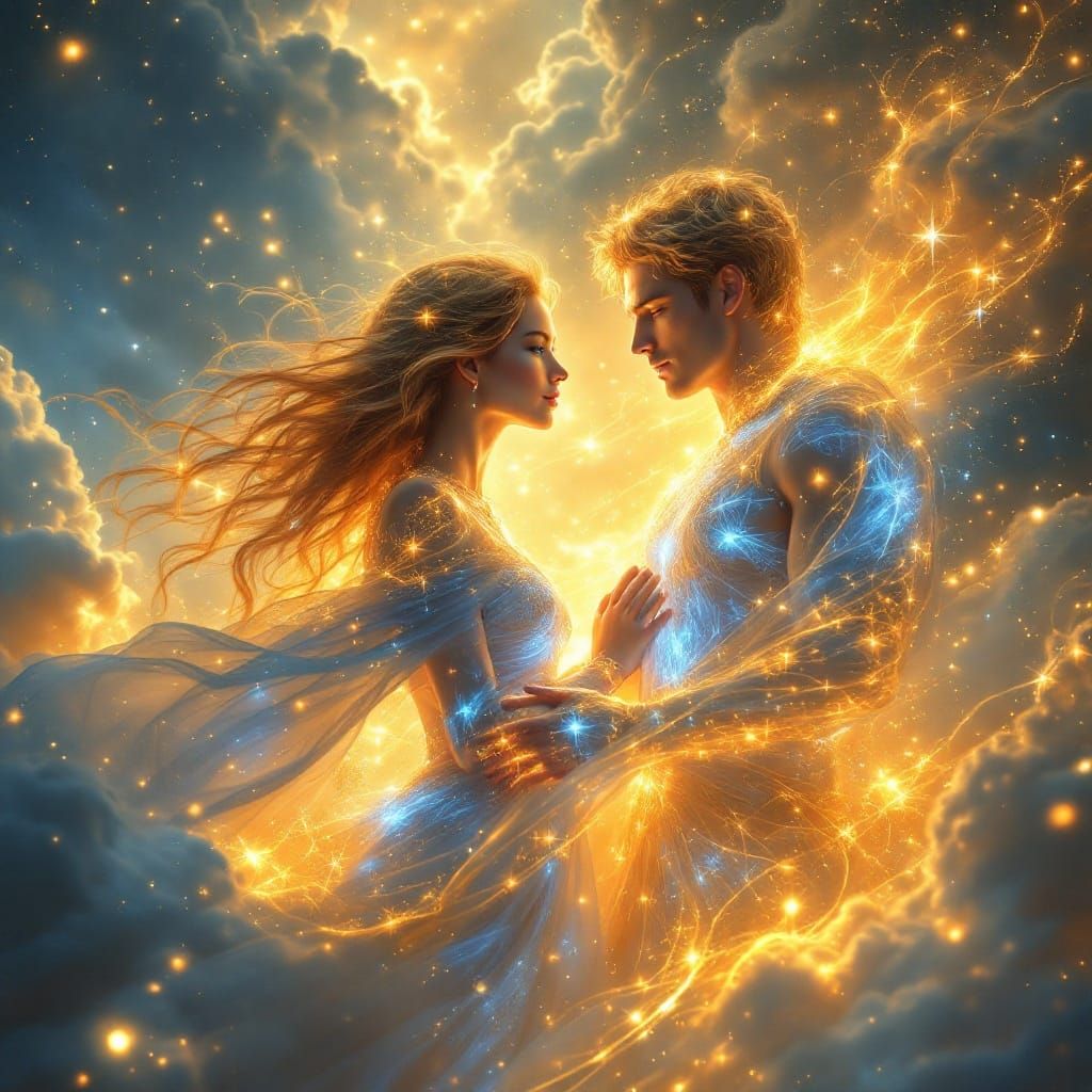 Ethereal Cosmic Scene of Lovers in Heavenly Sunrise