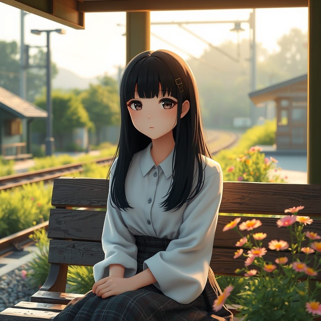 Serene Japanese Girl Awaits Train in Countryside Railway Sta...