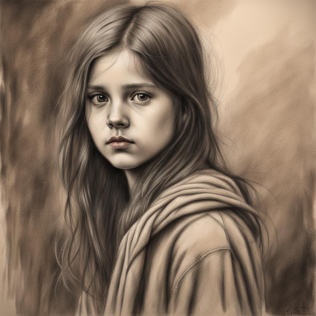 Girl in Rags: Hyperdetailed Charcoal Drawing