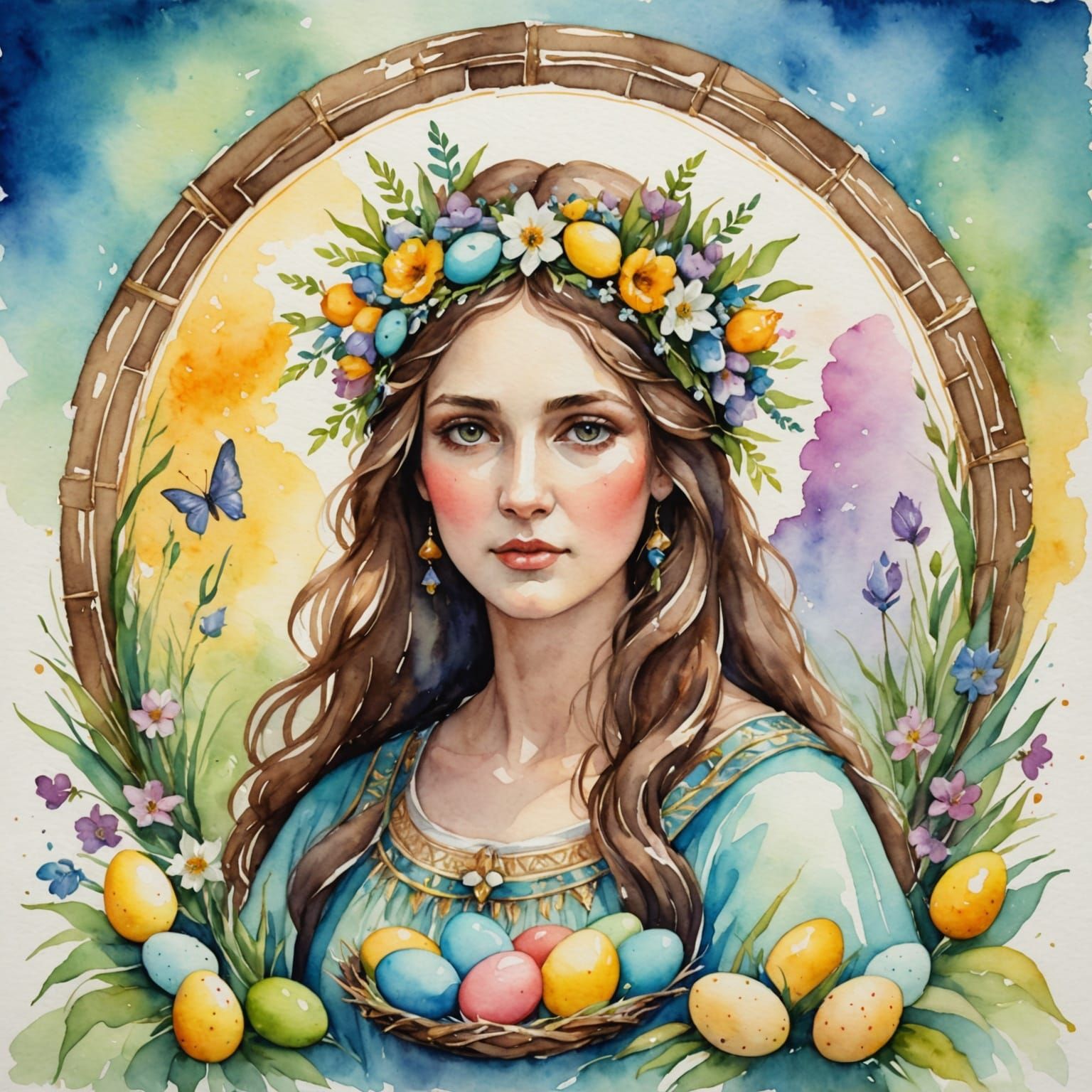 Easter Goddess in Whimsical Watercolor Style