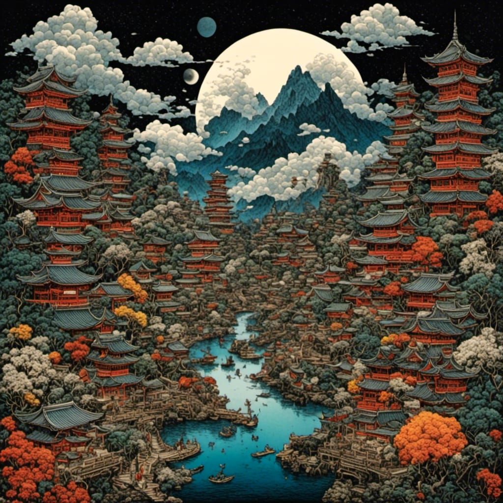 Nature Scene in Japanese Woodblock Print Style