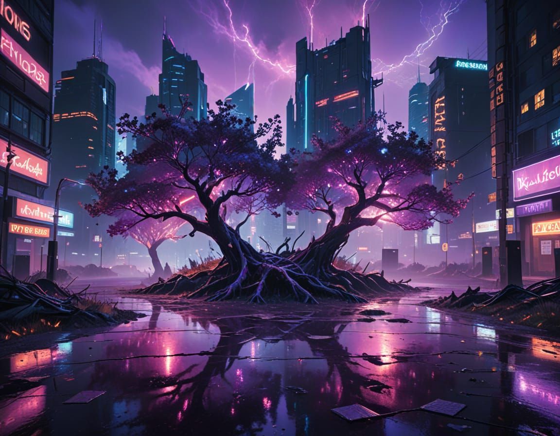 Cyberpunk Metallic Grove with Neon Circuitry