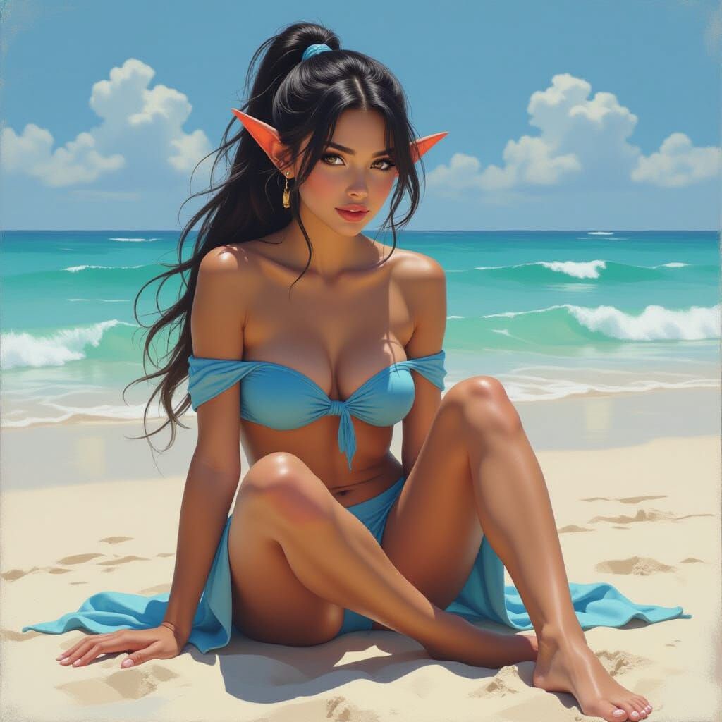 Elf Woman at the Beach in Oil Painting Style