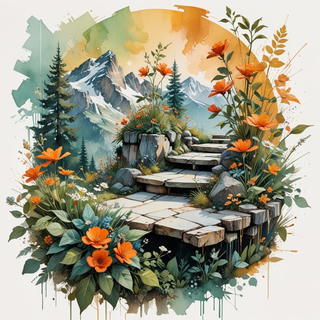 Mountain Retreat Patio in Whimsical Watercolor Style