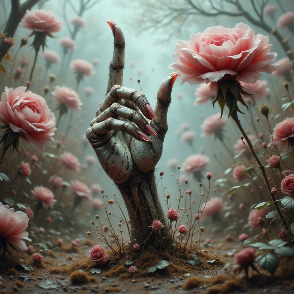 Cracked Porcelain Hand Rises from Surreal Garden