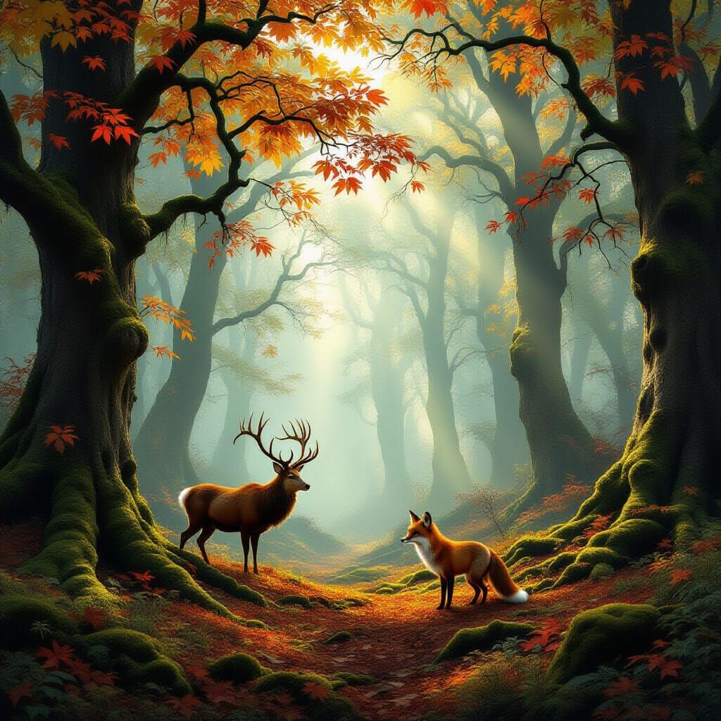 Mystical Forest with Animals and Sunlight in Autumn Colors