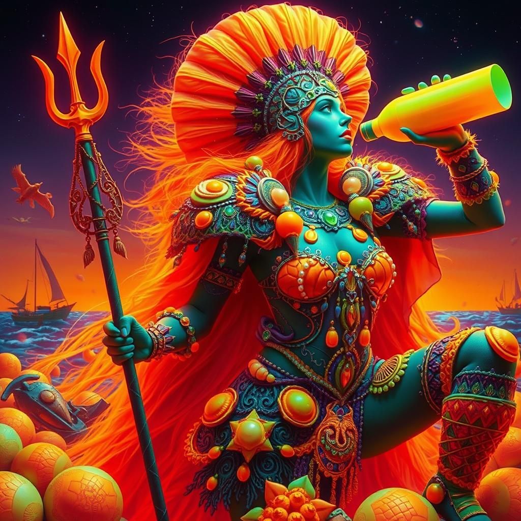 Mystical Sea Warrior with Trident in Dreamlike Landscape